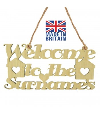 Laser Cut Oak Veneer Personalised 'Welcome To The...' Sign with Houses and Hearts - 200mm Size